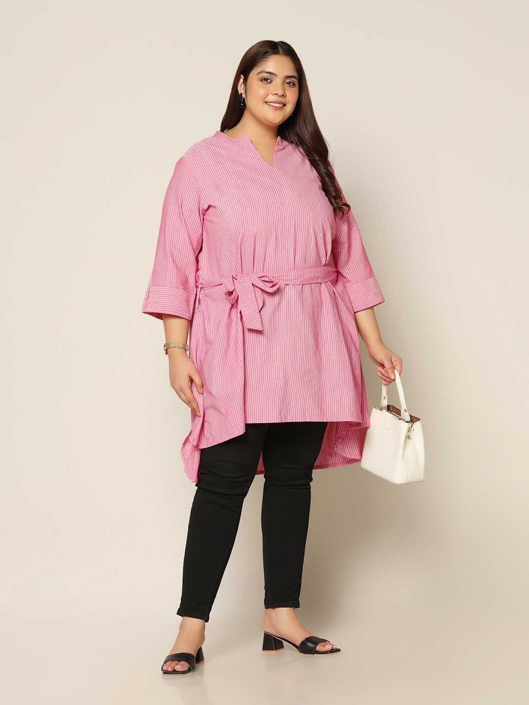 

FASHION DREAM Plus Size Striped Mandarin Collar Cinched Waist Longline Top, Peach