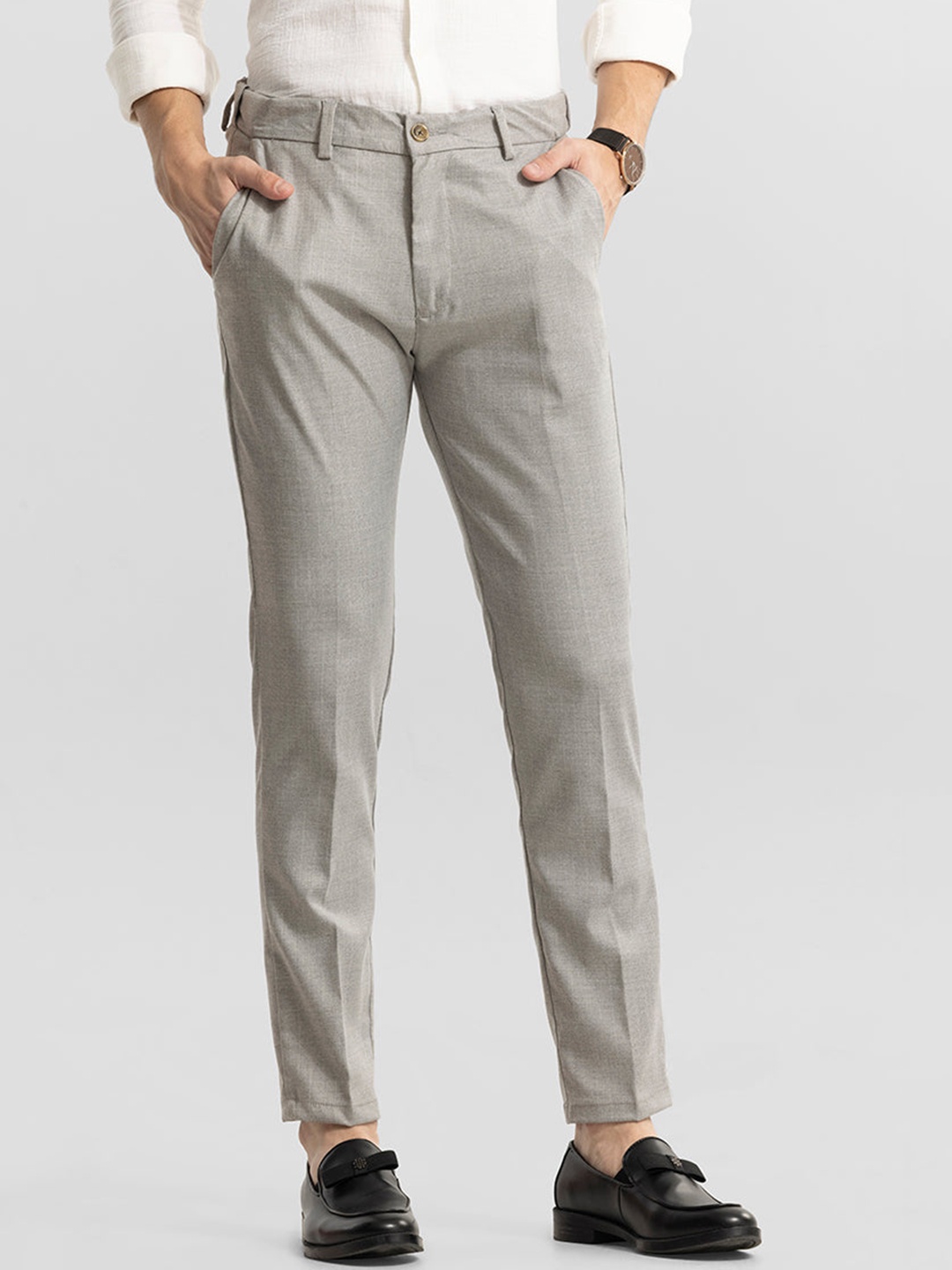

Snitch Men Checked Smart Slim Fit Formal Trousers, Grey