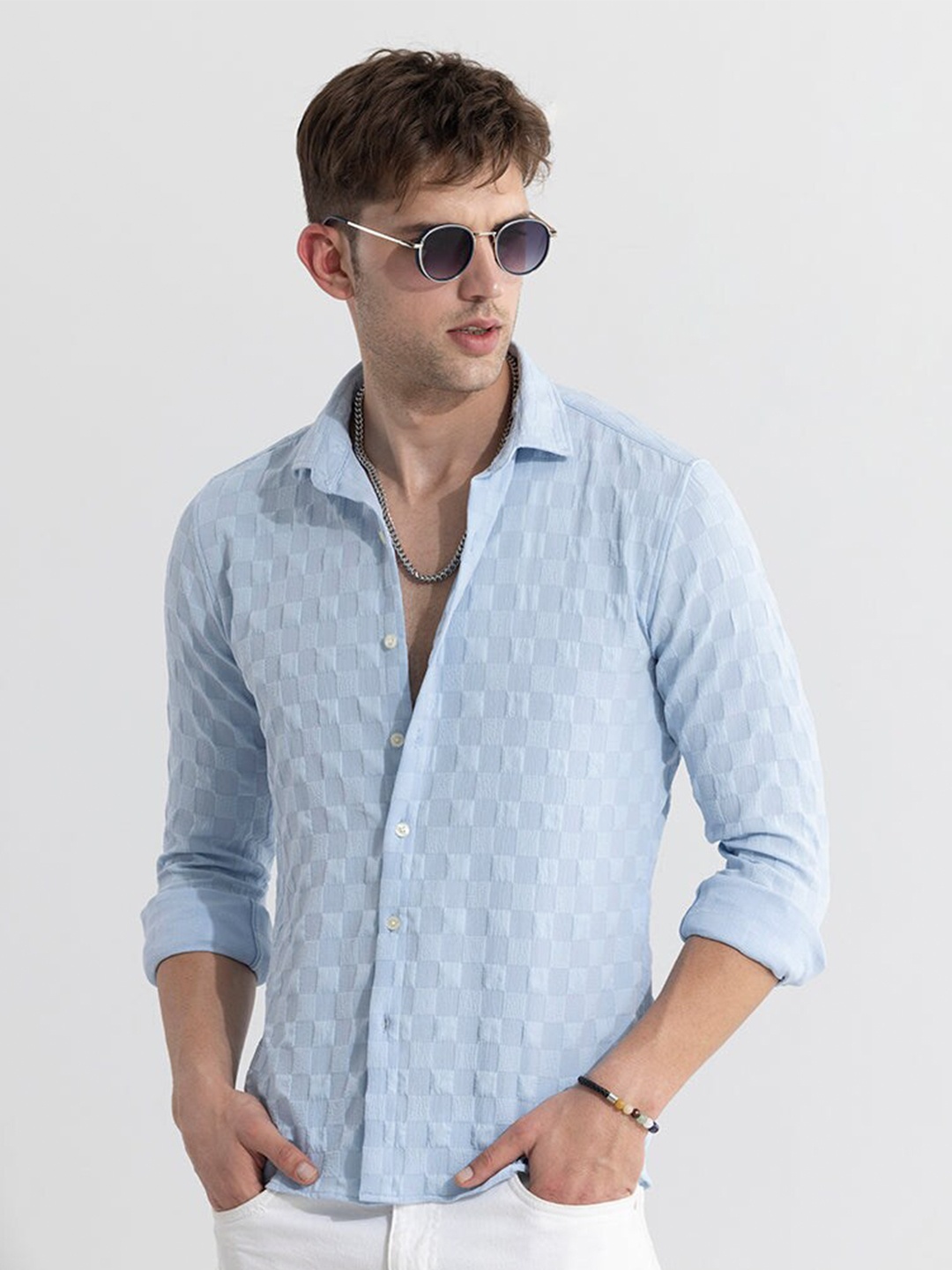 

Snitch Blue Classic Slim Fit Opaque Checked Pure Cotton Casual Shirt