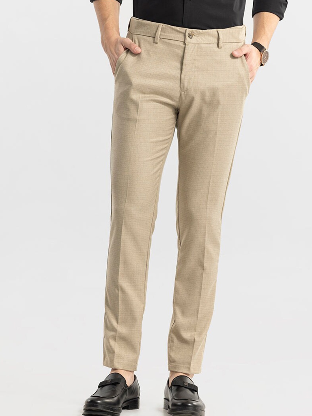 

Snitch Men Smart Slim Fit Formal Trousers, Beige
