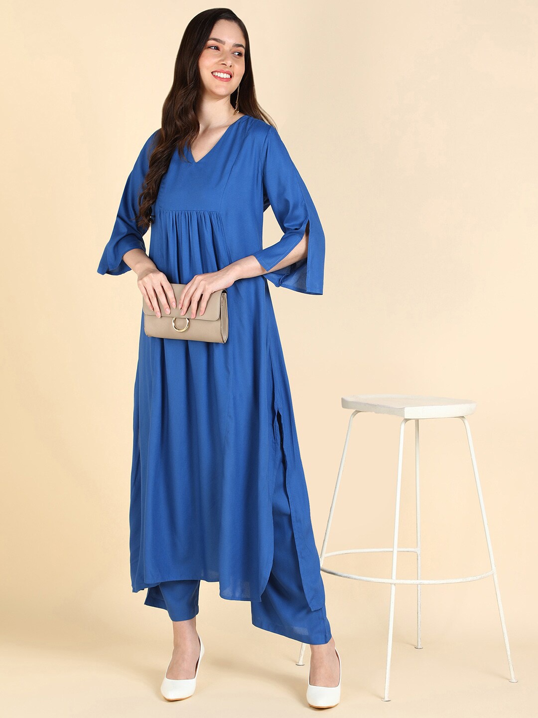 

KALINI V-Neck Pleated Kurta with Palazzos, Blue