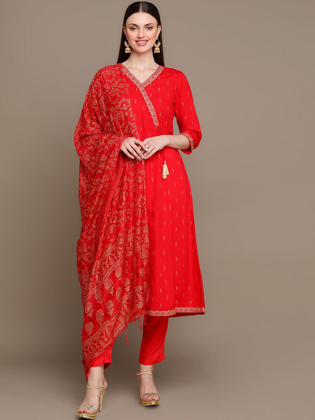 

KALINI Red Ethnic Motifs Printed Zari Angrakha Kurta & Trousers With Dupatta