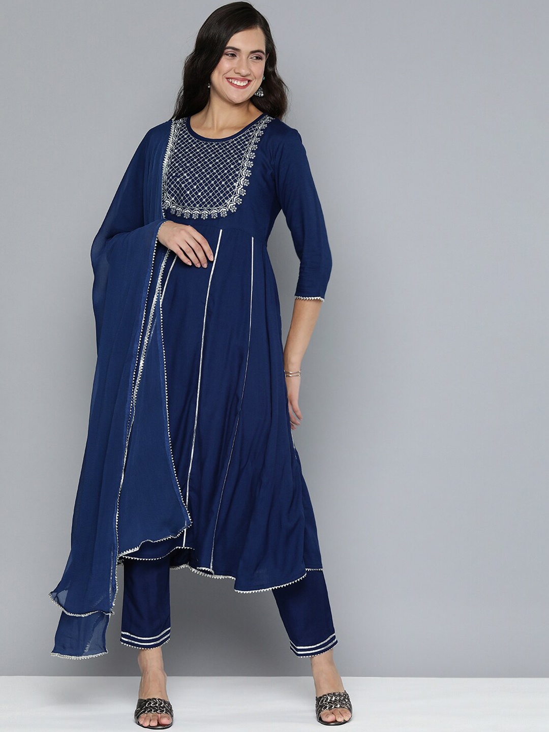 

KALINI Ethnic Motifs Embroidered Empire Sequinned Kurta With Trousers & Dupatta, Navy blue