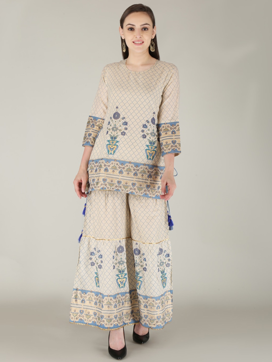 

KALINI Floral Printed Regular Pure Cotton Kurta With Sharara, Blue