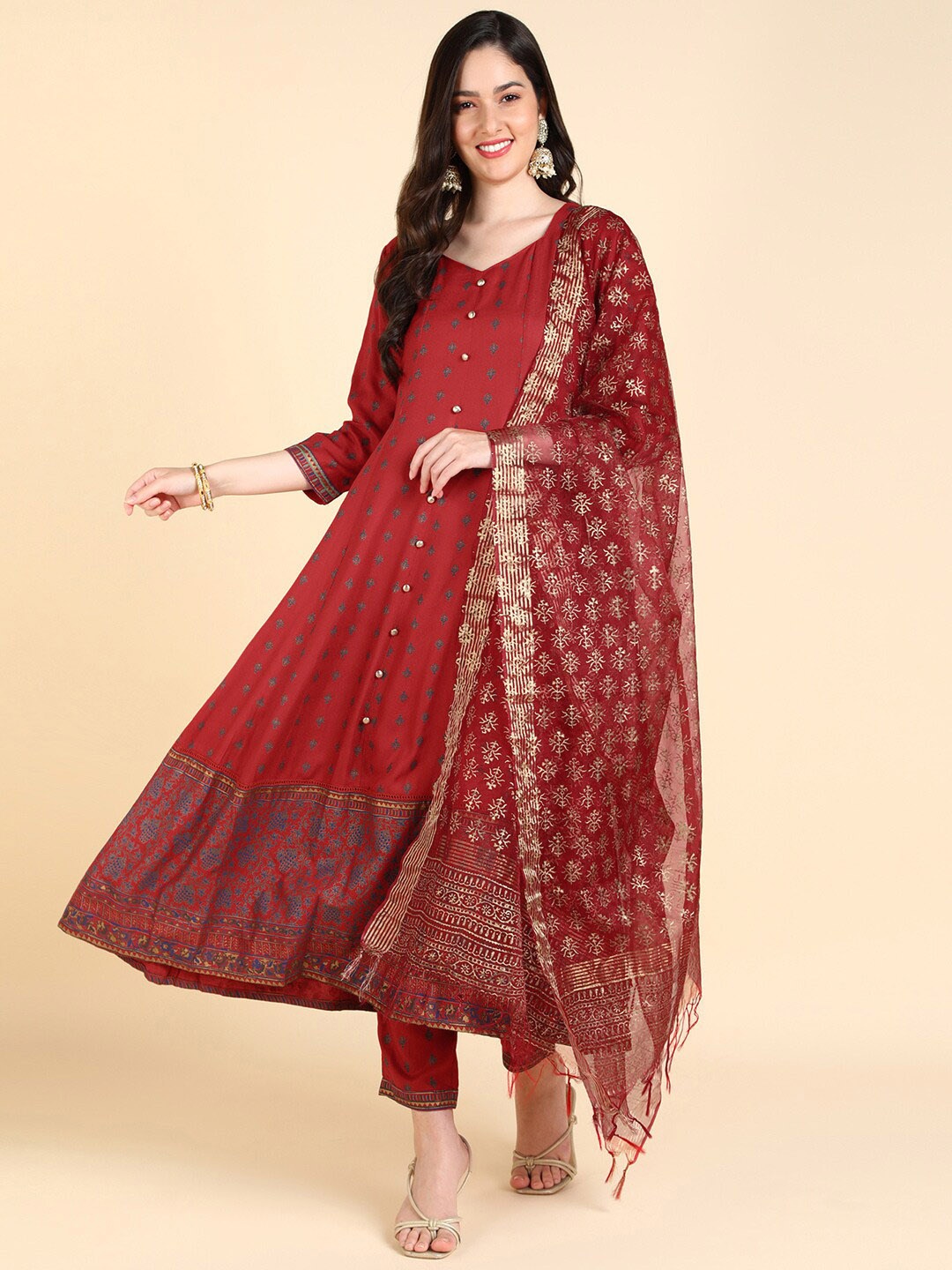 

KALINI Ethnic Motifs Printed V-Neck Panelled Anarkali Kurta & Trousers With Dupatta, Red