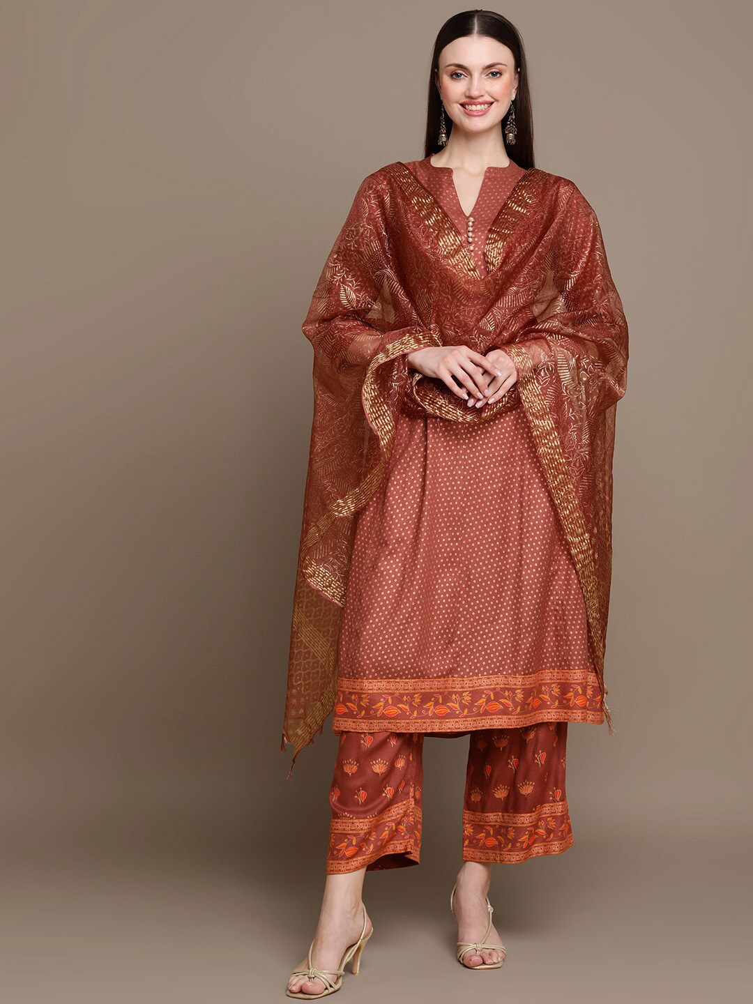 

KALINI Geometric Printed Mandarin Collar Kurta With Palazzos & Dupatta, Brown