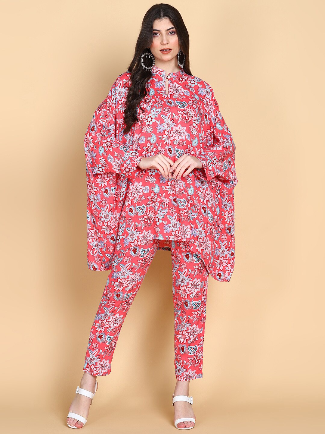 

KALINI Floral Printed Mandarin Collar Kaftan Kurta with Trousers, Pink