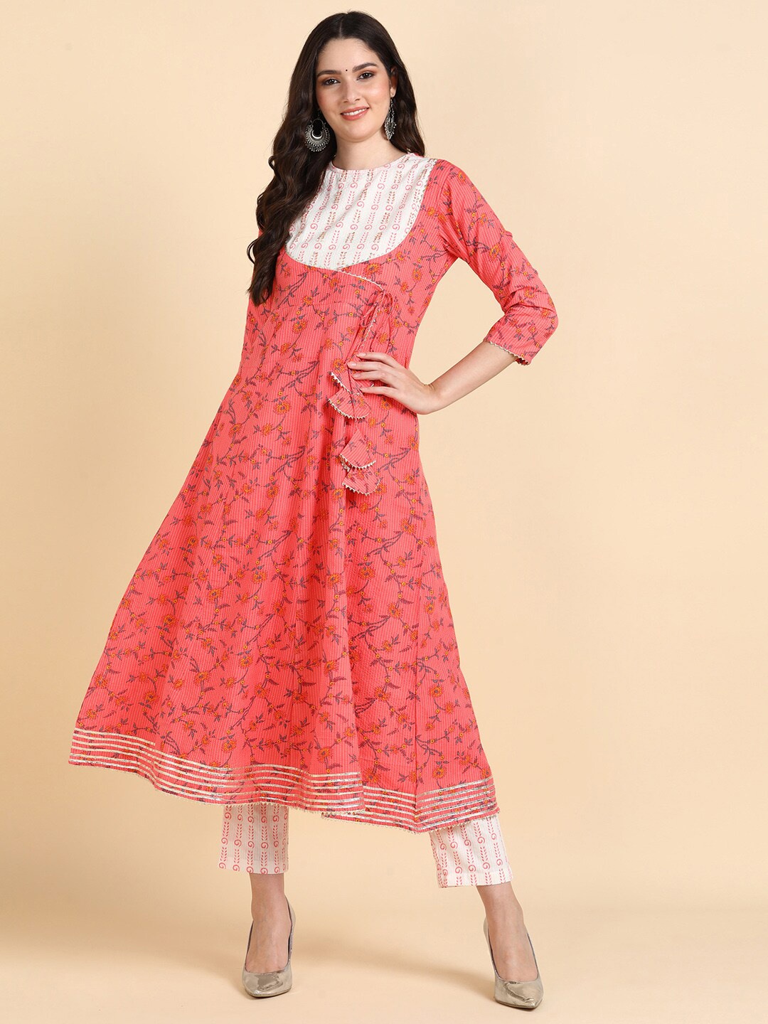 

KALINI Floral Printed Gottapati Angrakha A-Line Kurta With Trousers, Peach