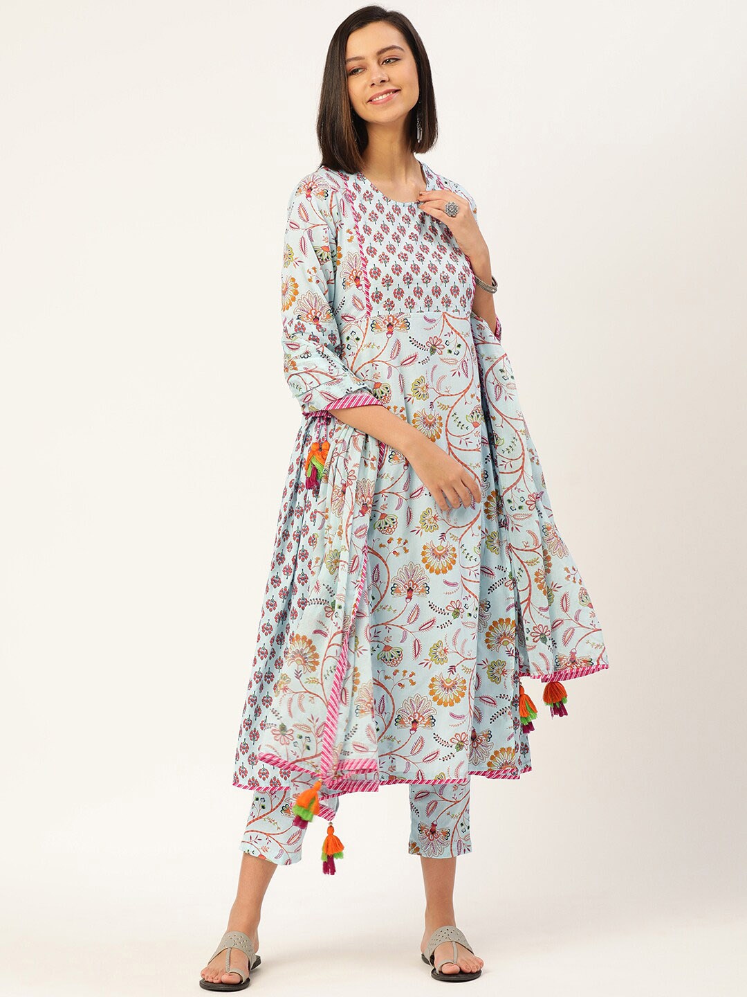 

KALINI Floral Printed Empire Pure Cotton Kurta with Trousers & With Dupatta, Blue