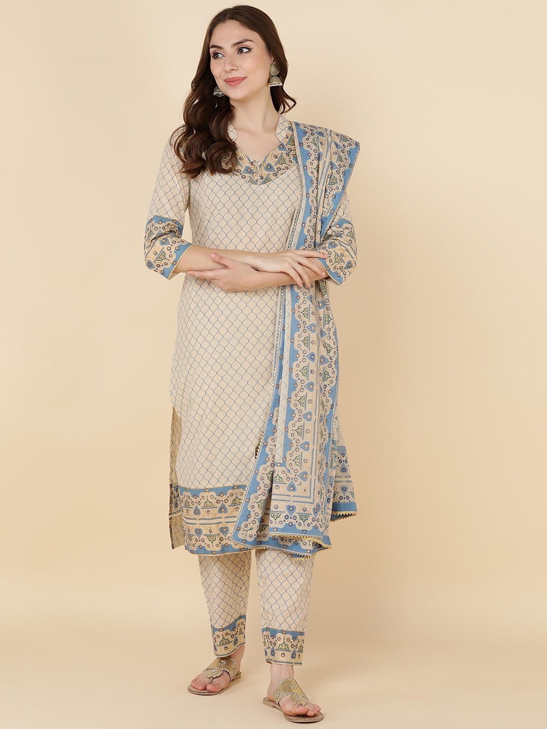 

KALINI Geometric Printed Mandarin Collar Pure Cotton Straight Kurta with Trouser & Dupatta, Beige
