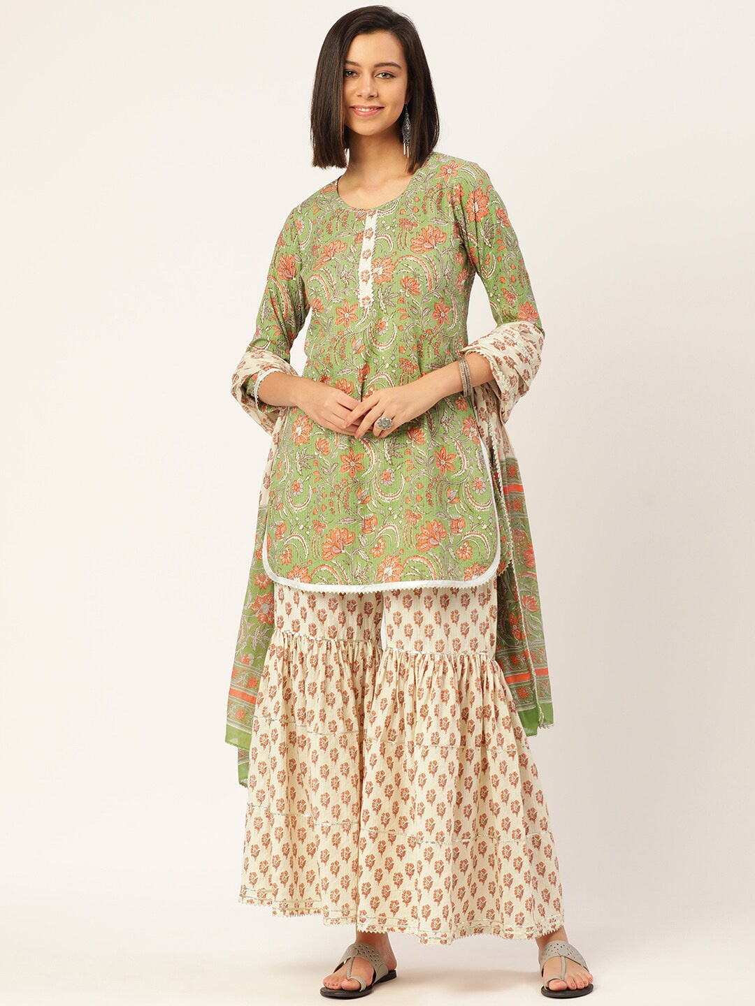 

KALINI Floral Printed Straight Kurta With Sharara & Dupatta, Green