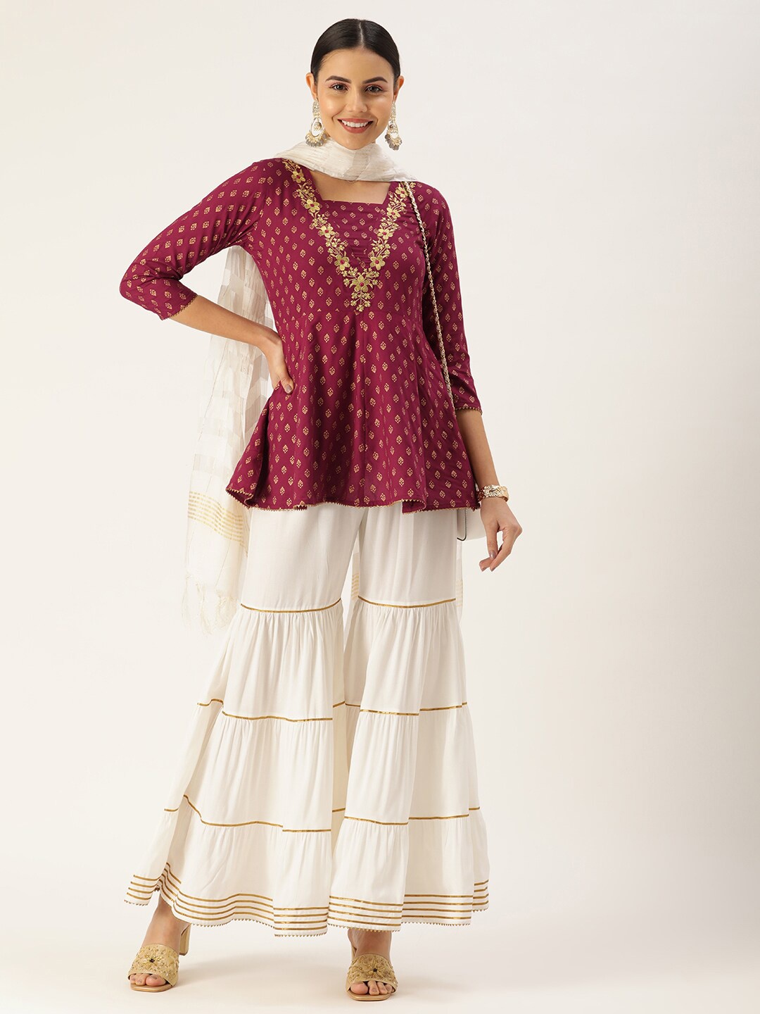

KALINI Ethnic Motifs Printed Thread Work Detailed A-Line Kurti & Sharara With Dupatta, Maroon