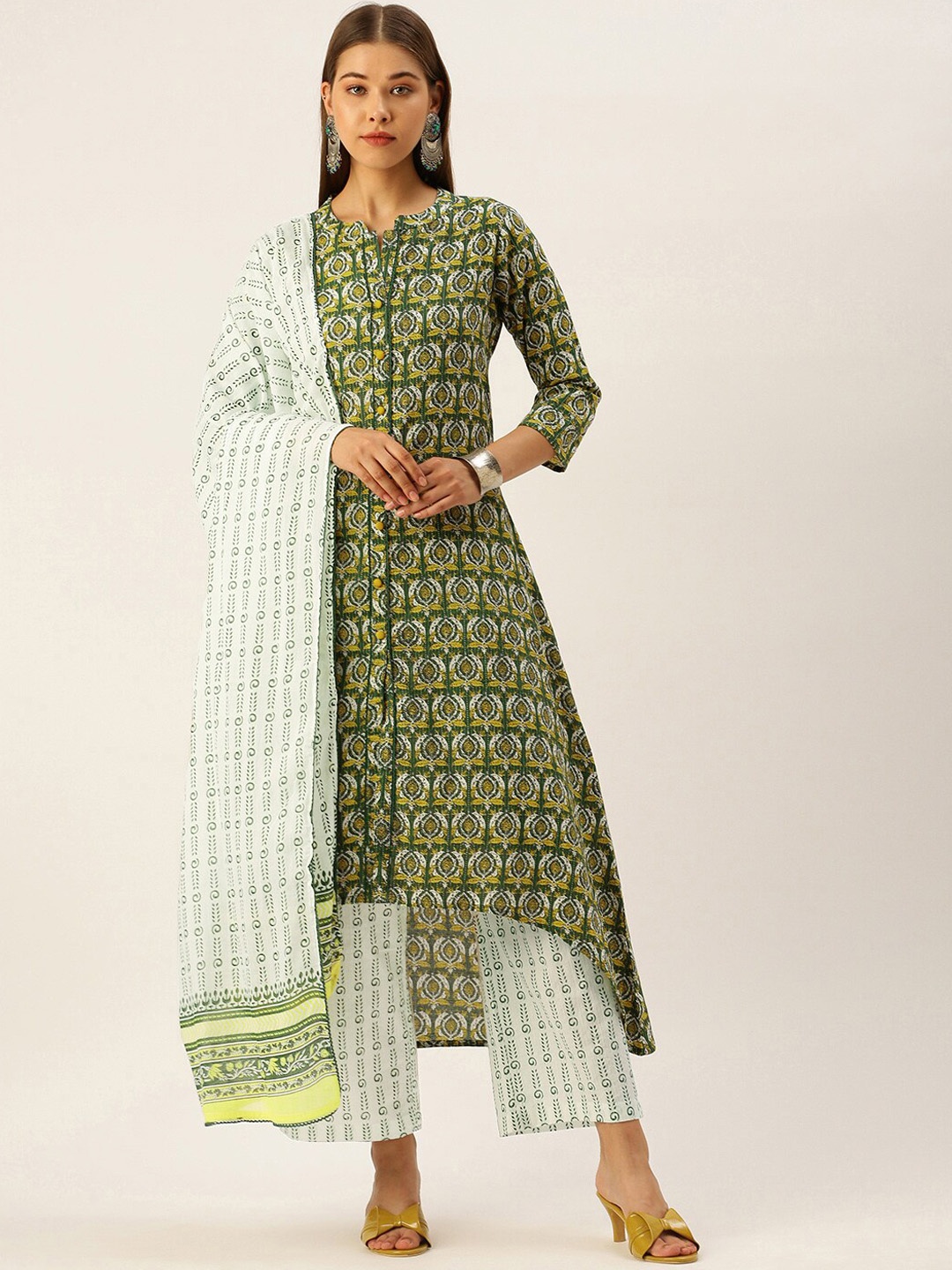 

KALINI Ethnic Motifs Printed Regular Pure Cotton Kurta With Trousers & Dupatta, Green