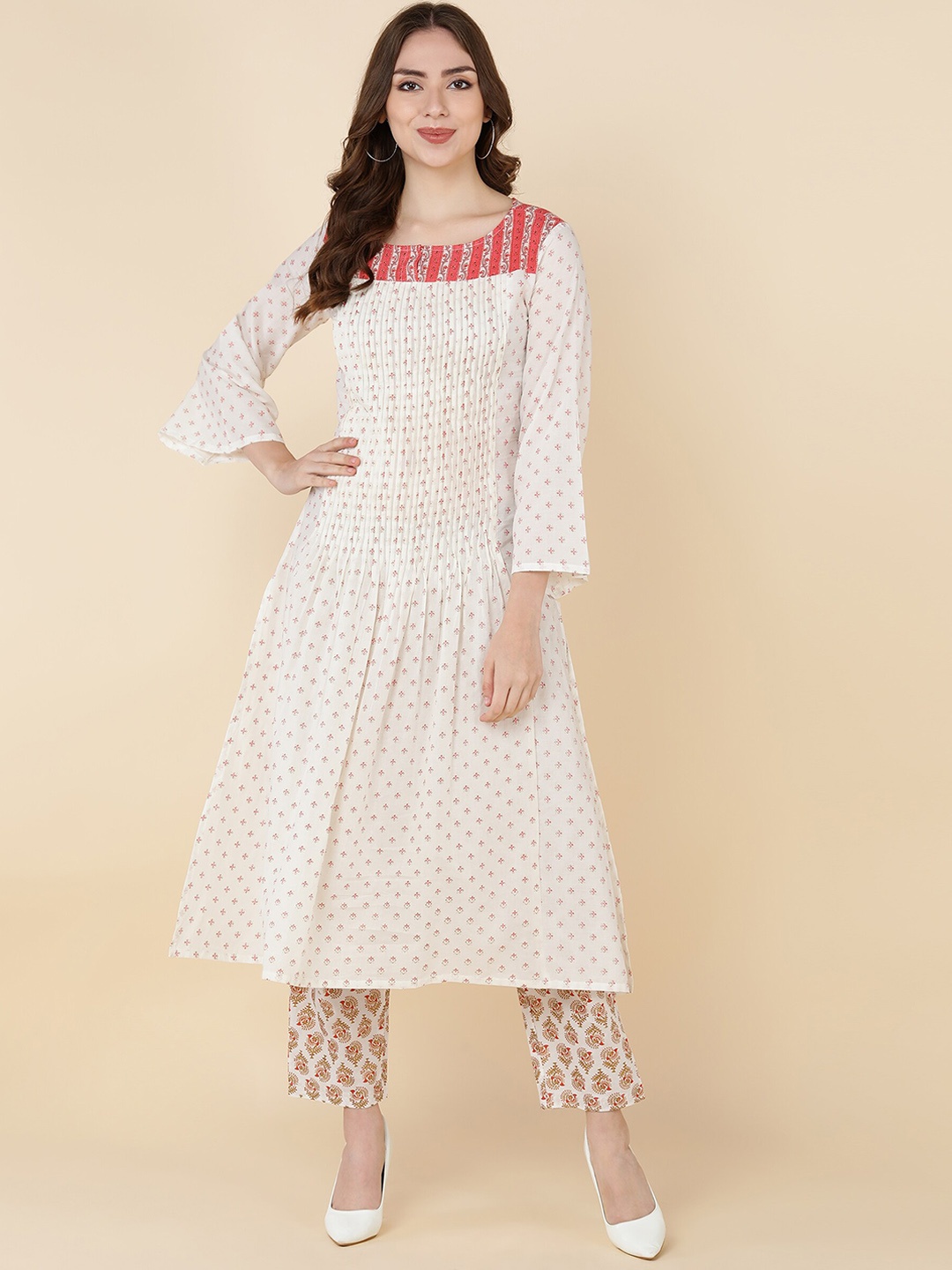 

KALINI Ethnic Motifs Printed Pleated Pure Cotton Kurta With Trousers, White