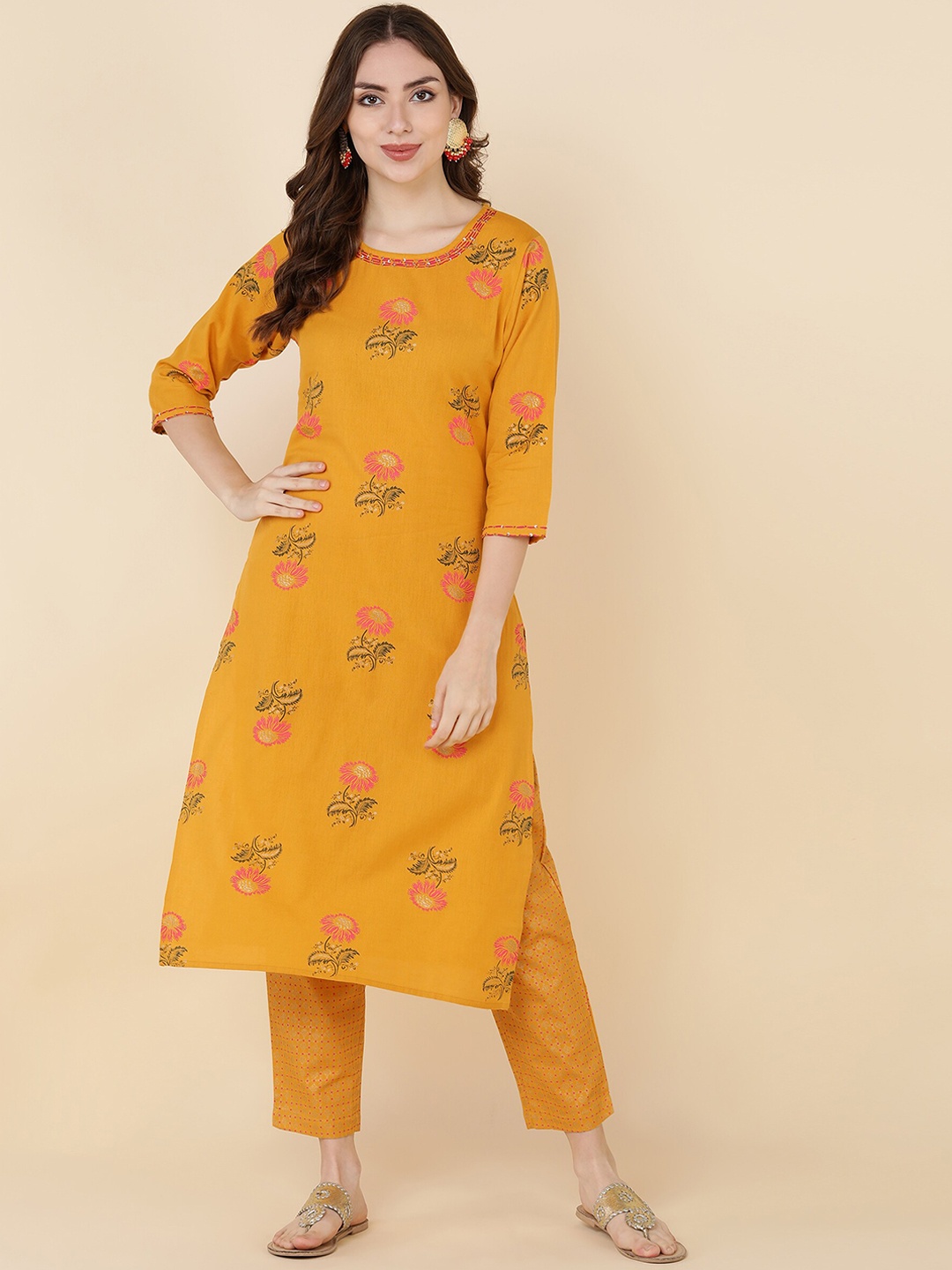 

KALINI Ethnic Motifs Printed Sequinned Detail Straight Kurta with Trousers, Yellow