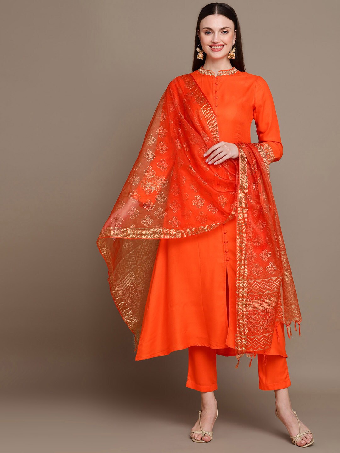 

KALINI Thread Work Kurta & Trousers With Dupatta, Orange