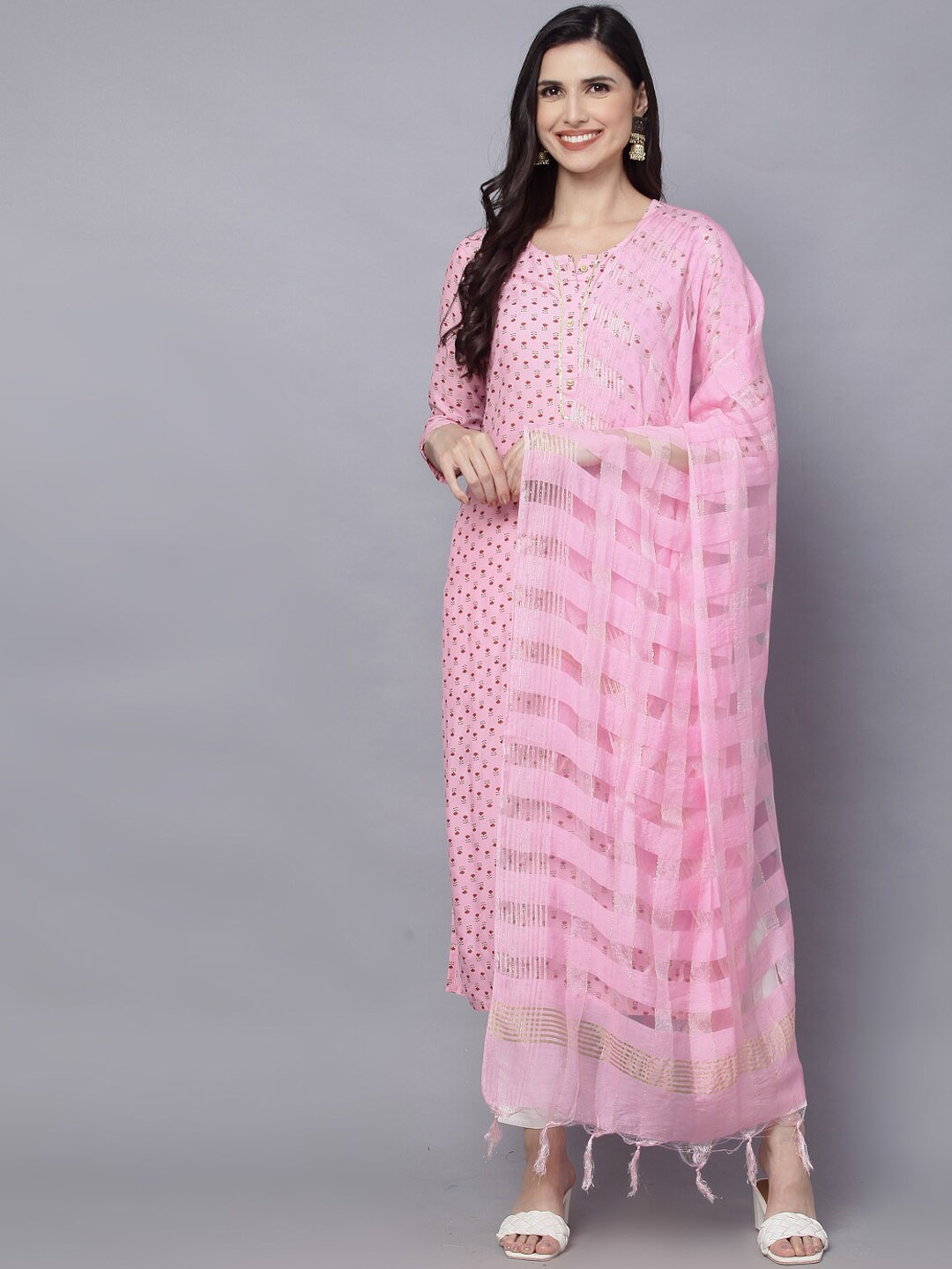 

KALINI Floral Printed Notched Neck Straight Kurta With Trousers & Dupatta, Pink