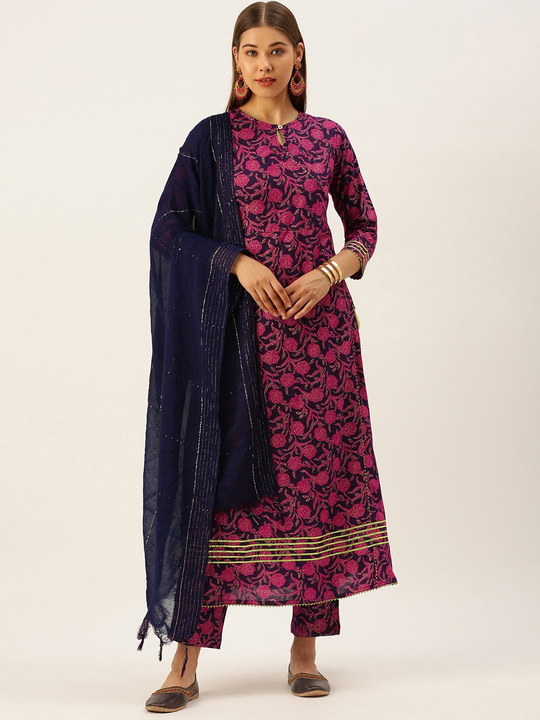 

KALINI Floral Printed Gotta Patti Pure Cotton A-Line Kurta with Trousers & Dupatta, Pink