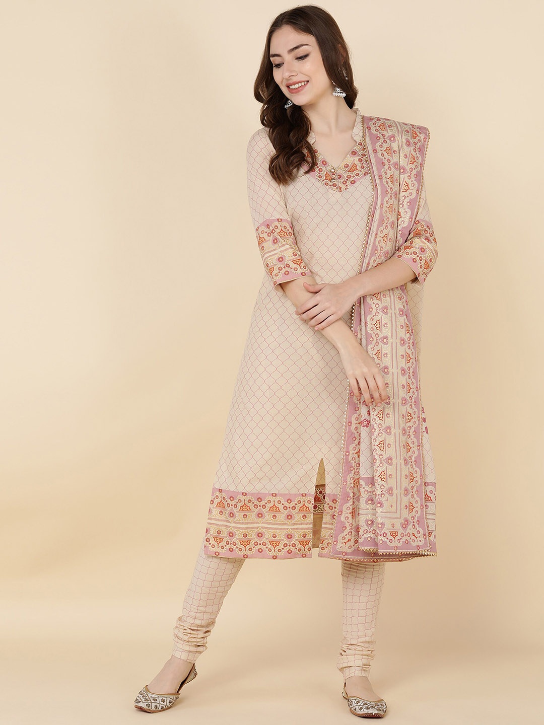 

KALINI Ethnic Motifs Printed Gotta Patti Pure Cotton Kurta With Churidar & Dupatta, Beige