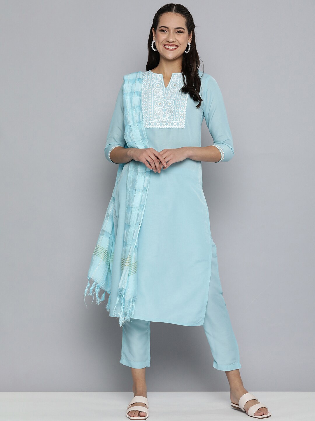 

KALINI Ethnic Motifs Yoke Design Regular Kurta With Trousers & Dupatta, Blue