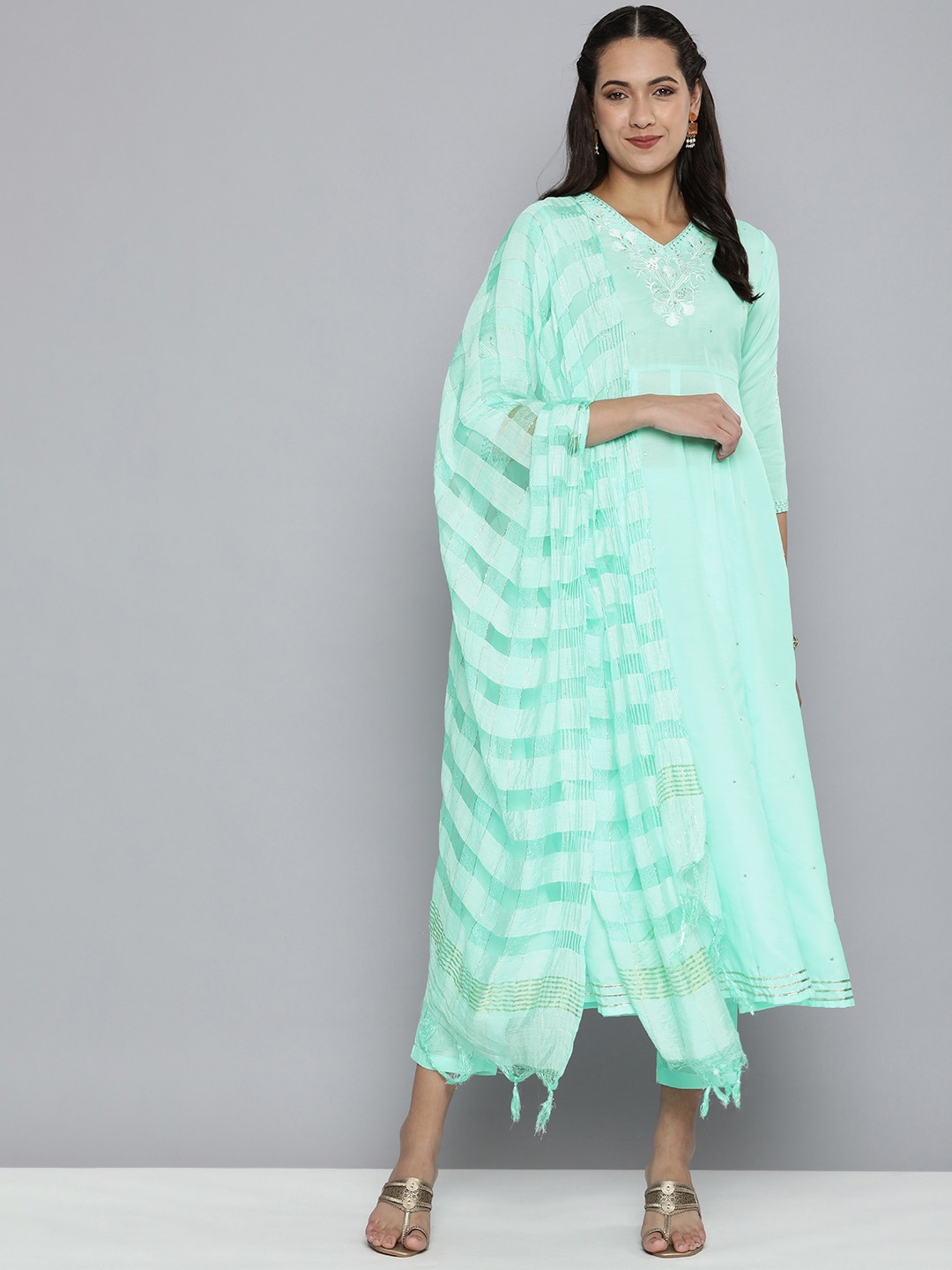 

KALINI Floral Yoke Design Regular Kurta with Trousers & With Dupatta, Blue