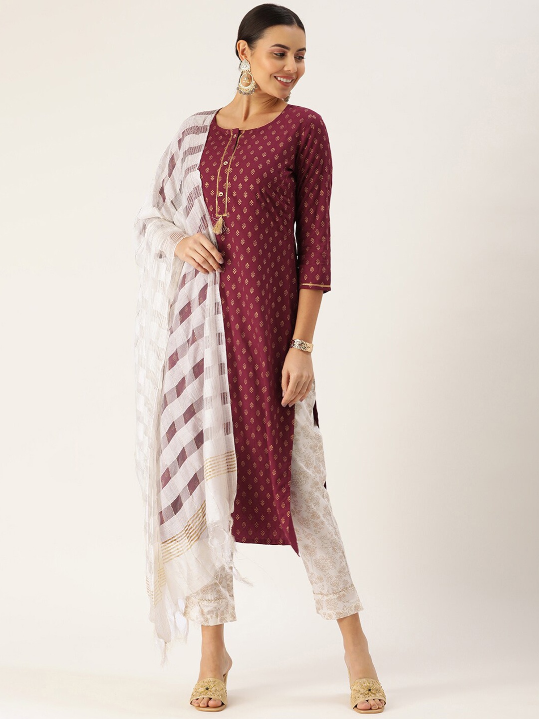 

KALINI Ethnic Motifs Printed Gotta Patti Regular Kurta With Trousers & Dupatta, Maroon