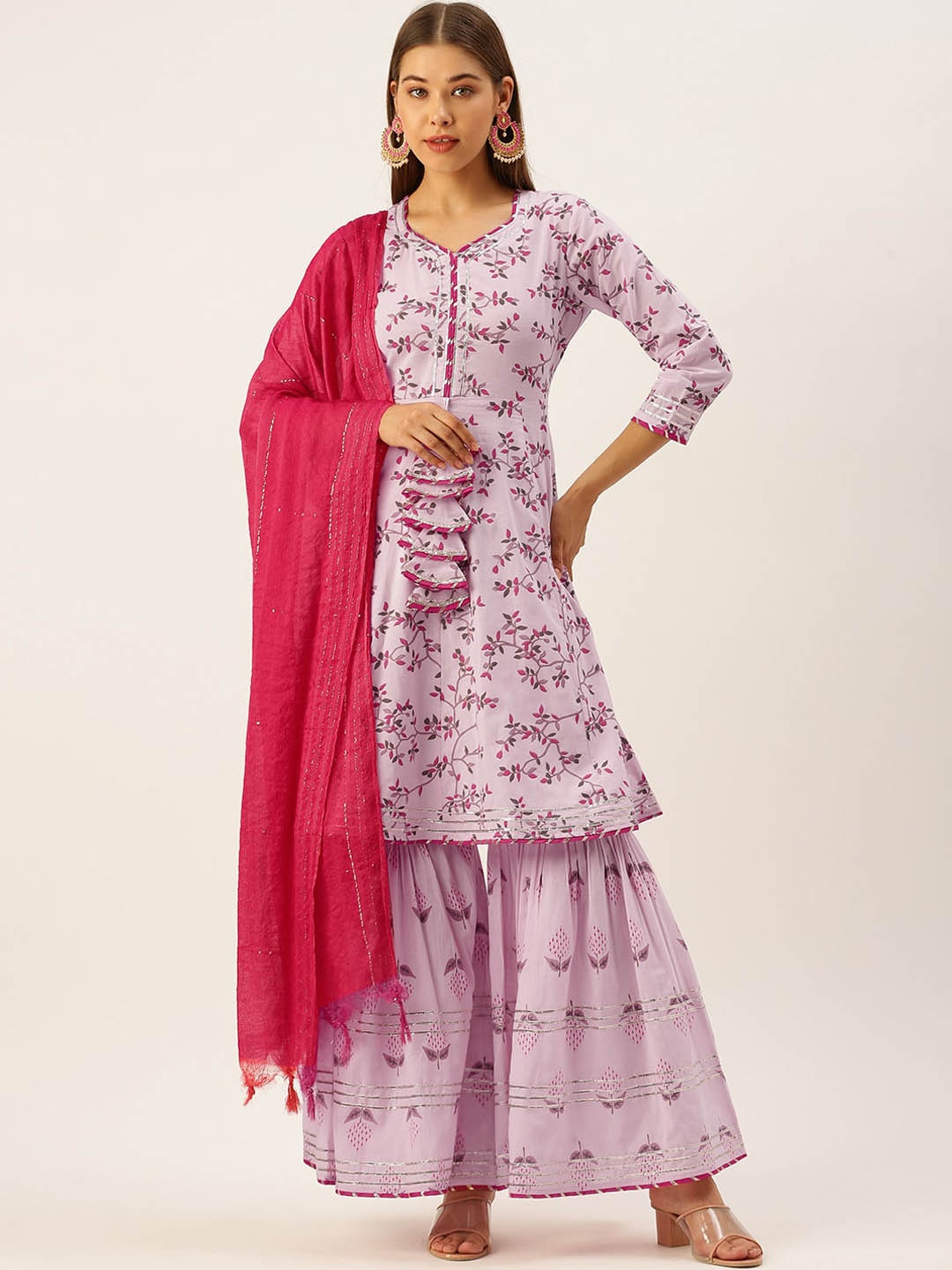 

KALINI Floral Printed Empire Gotta Patti Pure Cotton Kurta & Sharara With Dupatta, Pink