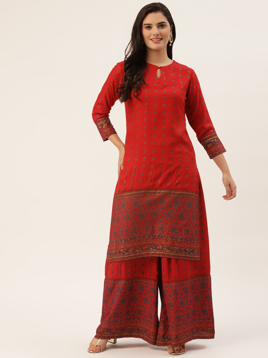 

KALINI Floral Printed Straight Kurta with Palazzos, Red