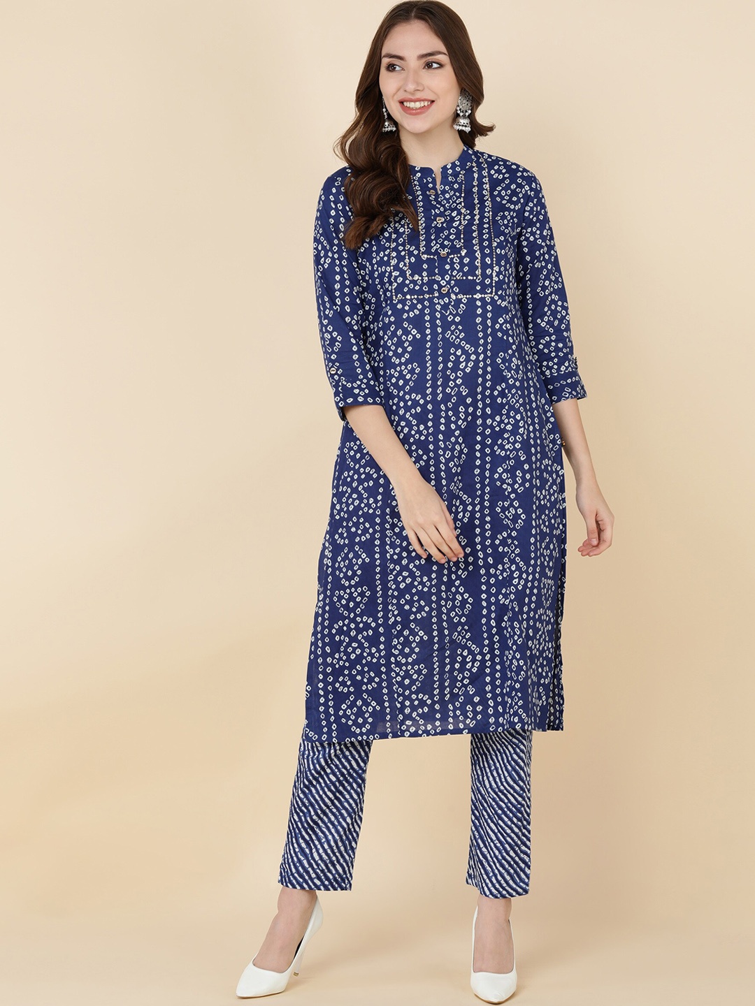 

KALINI Bandhani Printed Gotta Patti Pure Cotton Straight Kurta With Trousers, Blue