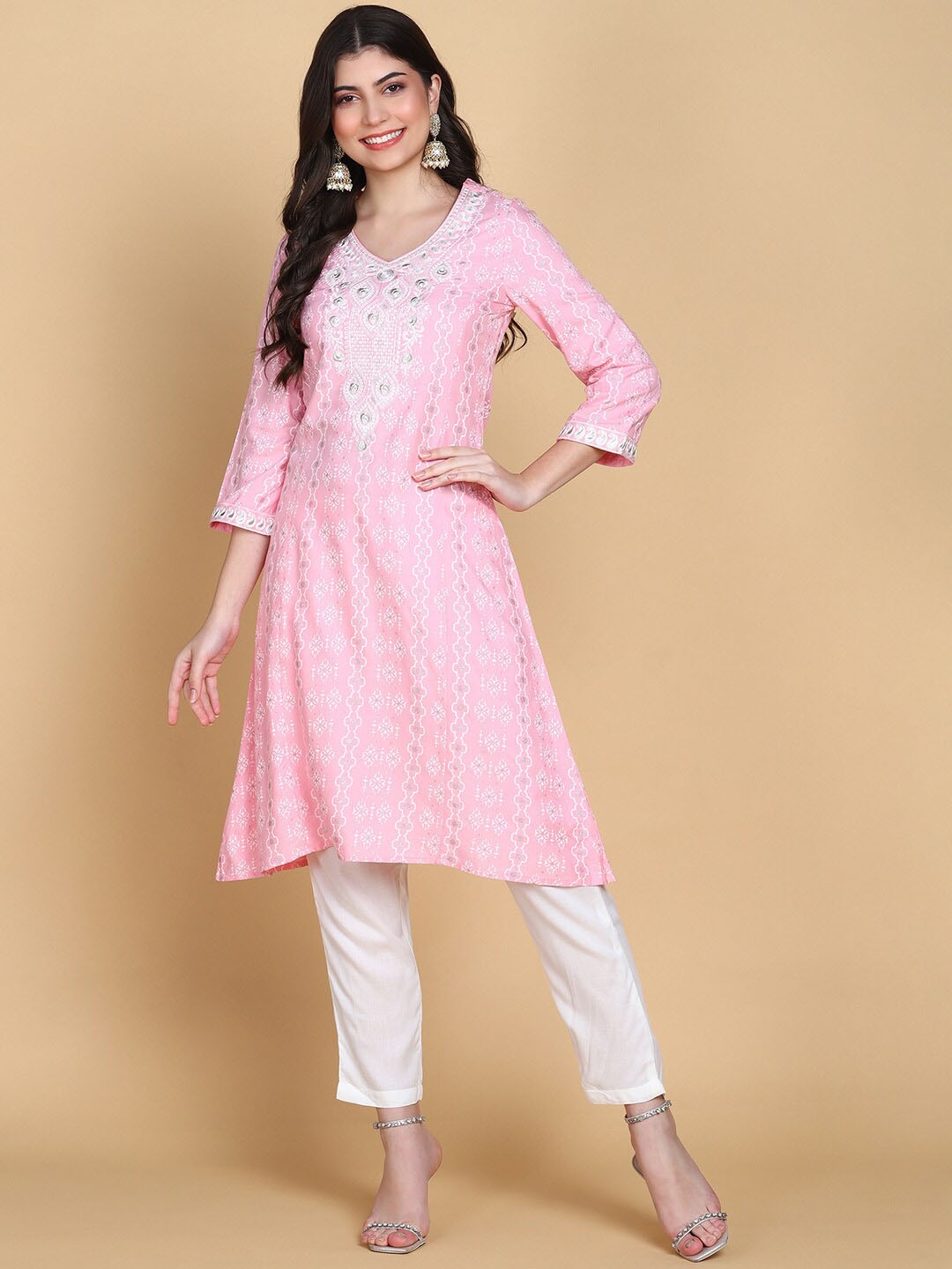 

KALINI Ethnic Motifs Printed Regular Thread Work Kurta With Trousers, Pink