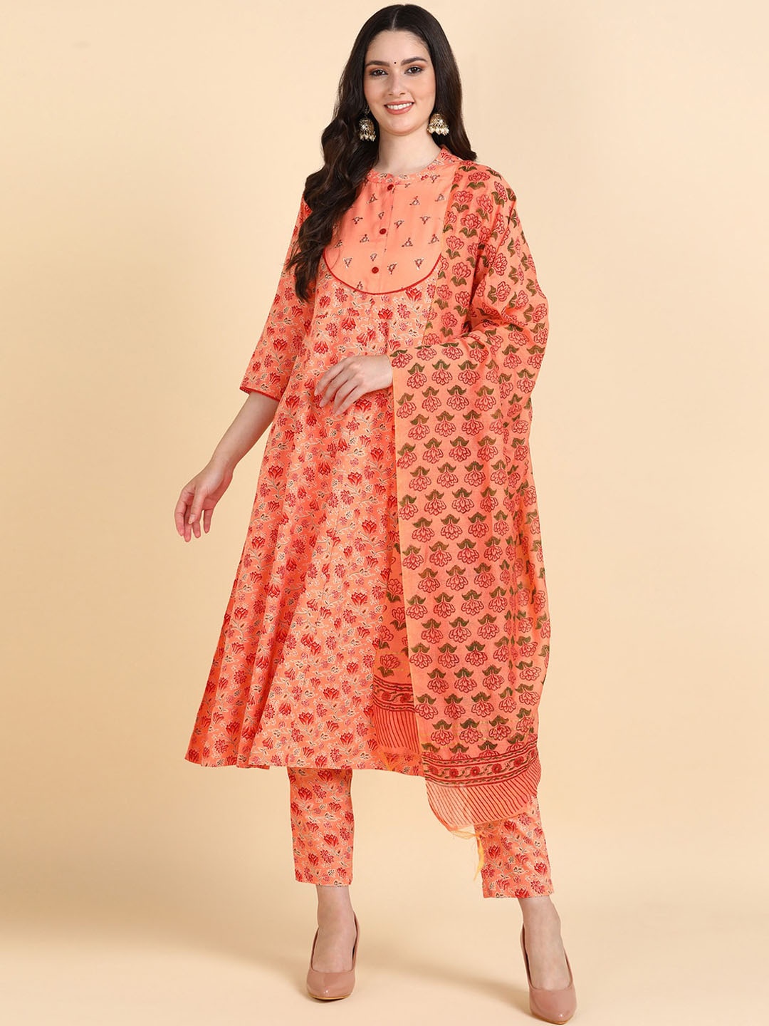 

KALINI Floral Printed Mandarin Collar Sequinned A-Line Kurta with Trouser & Dupatta, Peach