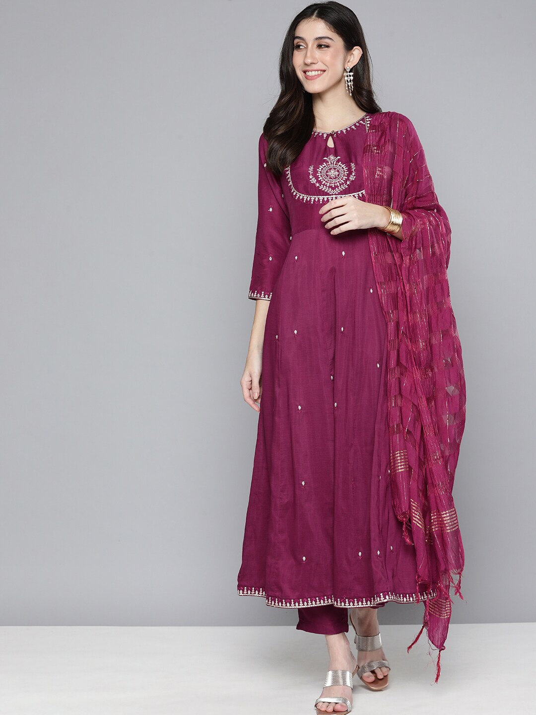 

KALINI Ethnic Motifs Embroidered Keyhole Neck Empire Kurta With Trousers & Dupatta, Purple