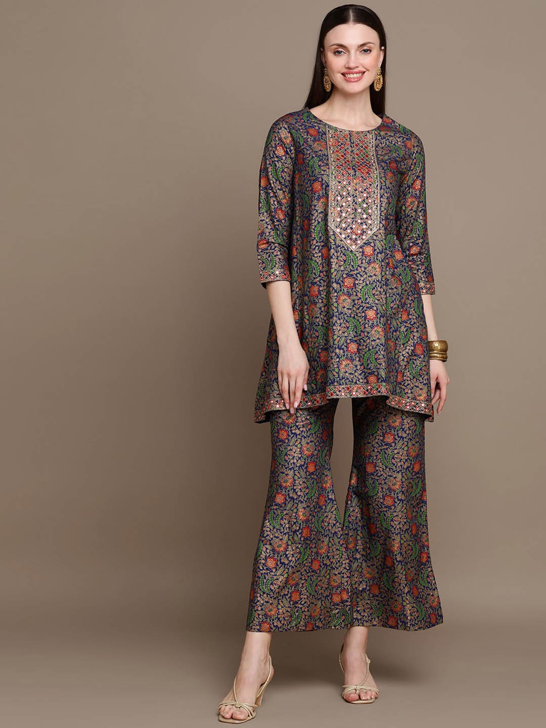 

KALINI Floral Printed Thread Work A-Line Kurti with Palazzos, Blue
