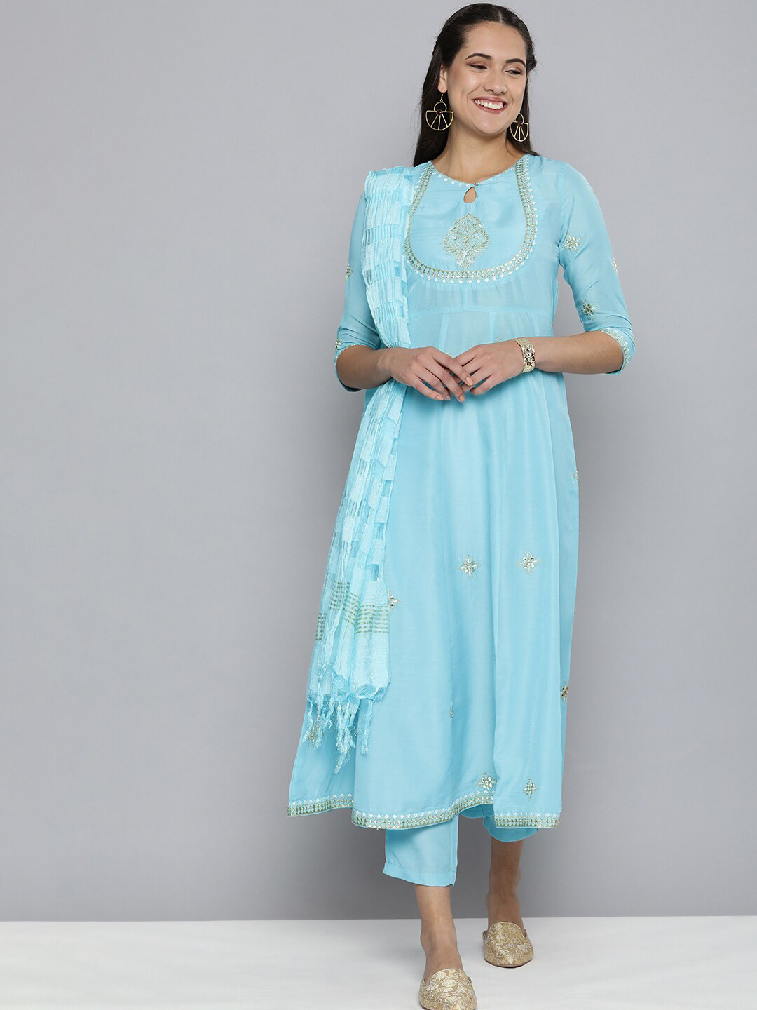 

KALINI Ethnic Motifs Embroidered Keyhole Neck Anarkali Kurta with Trousers & Dupatta, Blue