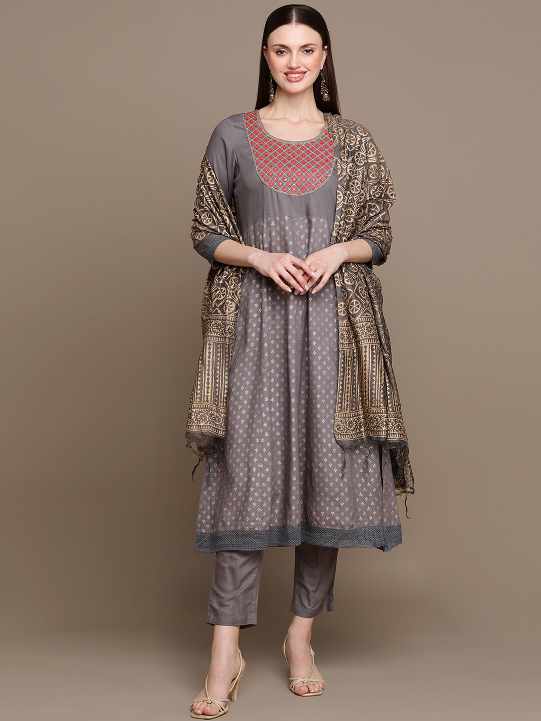 

KALINI Floral Embroidered Regular Kurta With Trousers & Dupatta, Grey