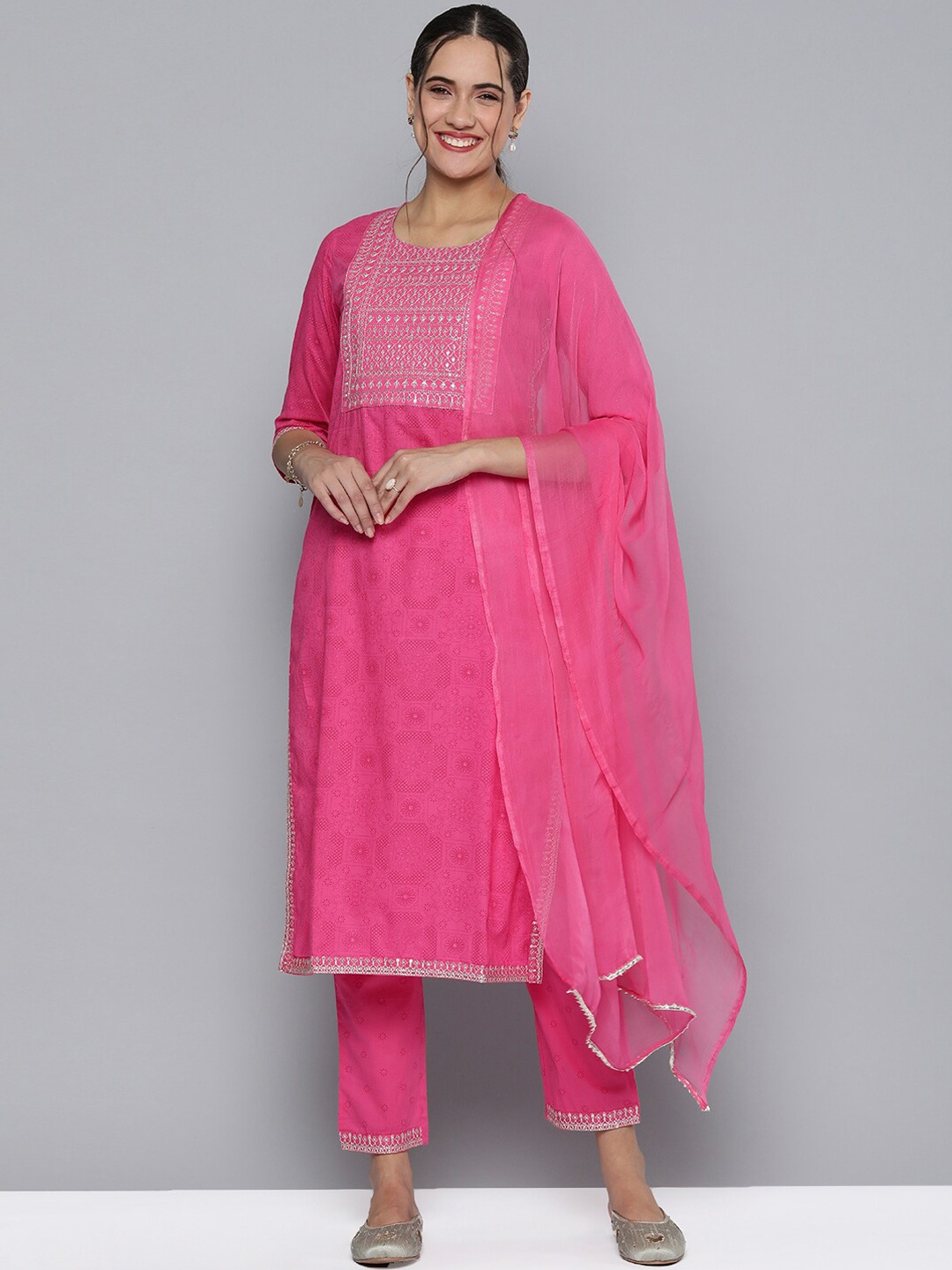 

KALINI Ethnic Motifs Yoke Design Sequinned Kurta With Trousers & Dupatta, Pink