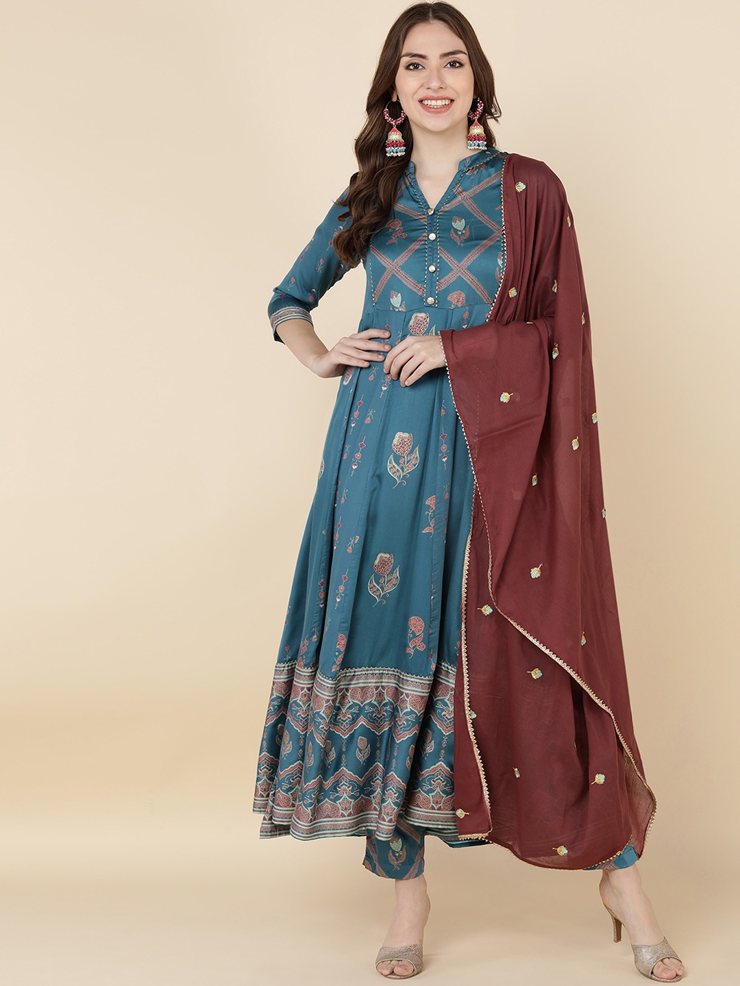 

KALINI Ethnic Motifs Printed Gotta Patti Pleated Anarkali Kurta With Trousers & Dupatta, Teal