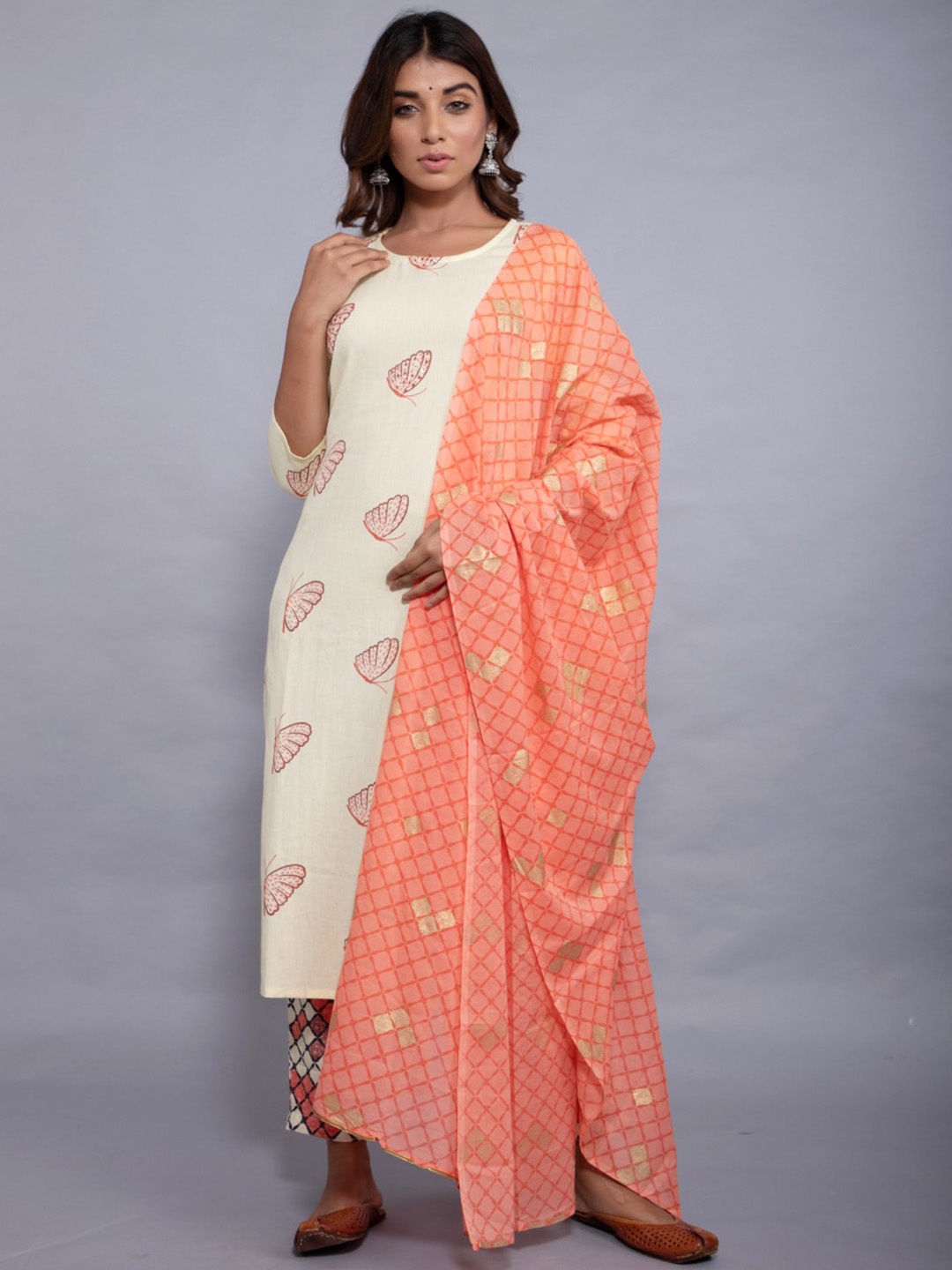 

KALINI Floral Printed Regular Sequinned Kurta & Trousers With Dupatta, Off white