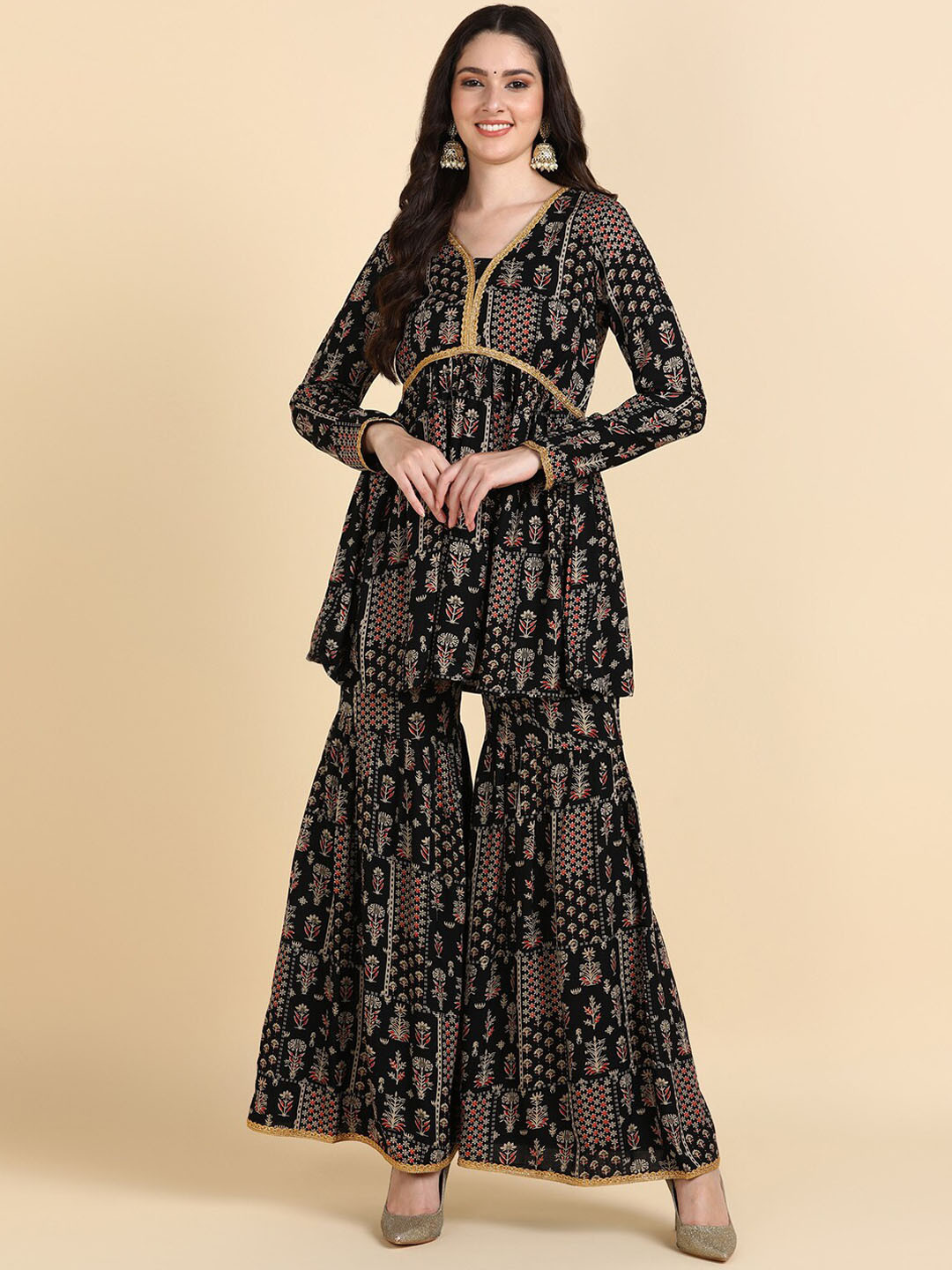

KALINI Floral Printed Regular Kurti with Sharara, Black