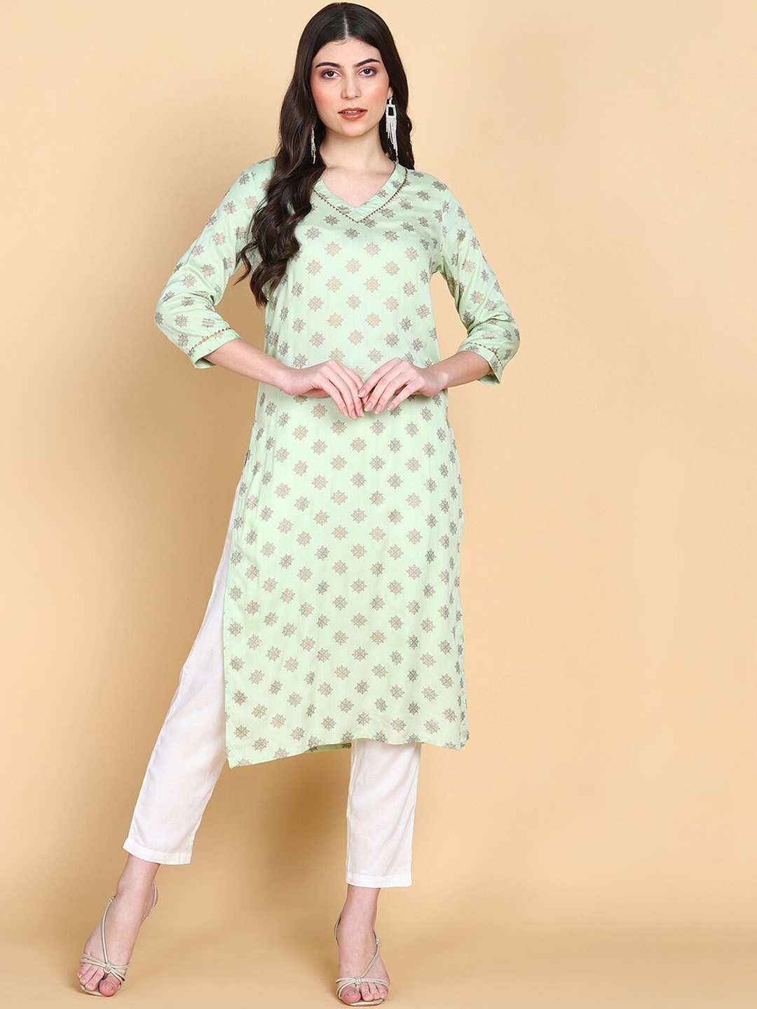 

KALINI Ethnic Motifs Printed Regular Gotta Patti Kurta With Trousers, Green