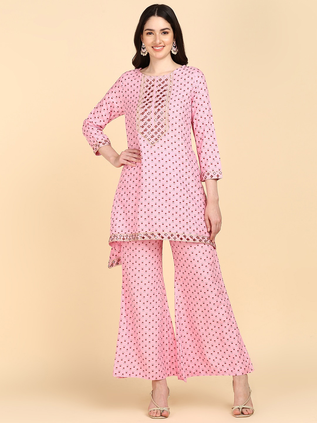 

KALINI Floral Printed Mirror Work Regular A-line Kurti With Palazzos, Pink
