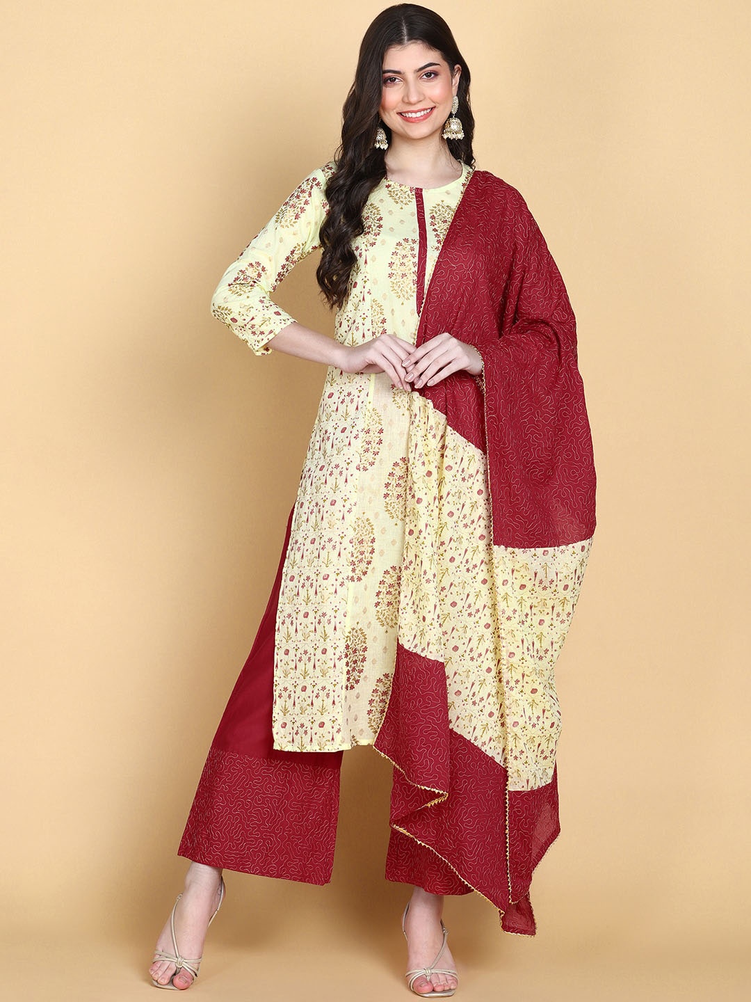 

KALINI Floral Printed Pure Cotton Regular Kurta with Trousers & With Dupatta, Yellow