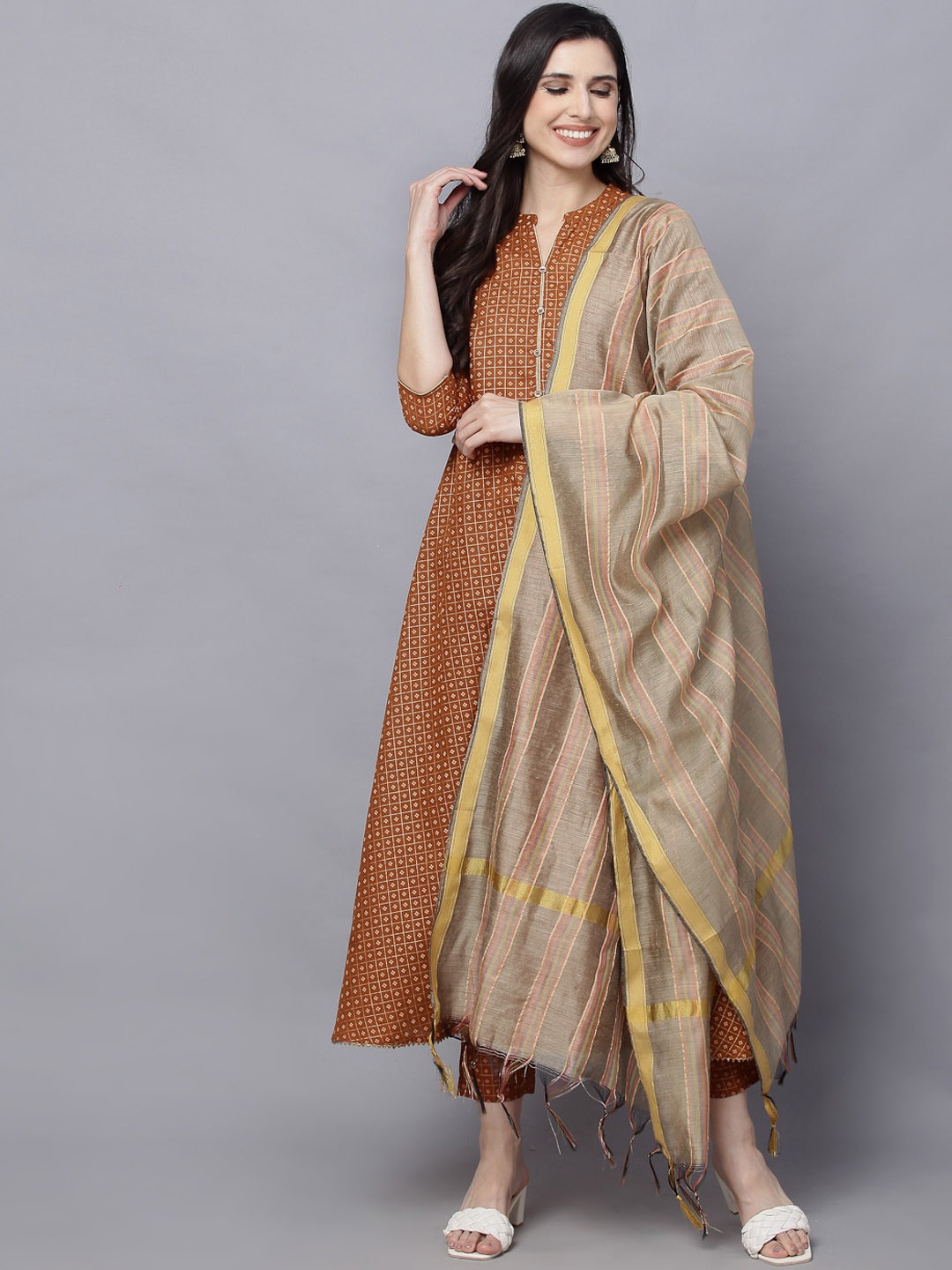 

KALINI Bandhani Printed Mandarin Collar Pure Cotton A-Line Kurta & Trousers With Dupatta, Brown