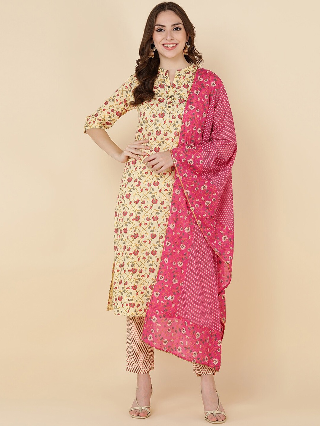 

KALINI Floral Printed Regular Sequinned Kurta With Trousers & Dupatta, Mustard