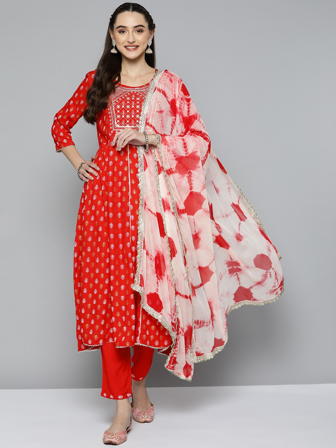 

KALINI Ethnic Motifs Yoke Design Gotta Patti Anarkali Kurta With Trousers & Dupatta, Red
