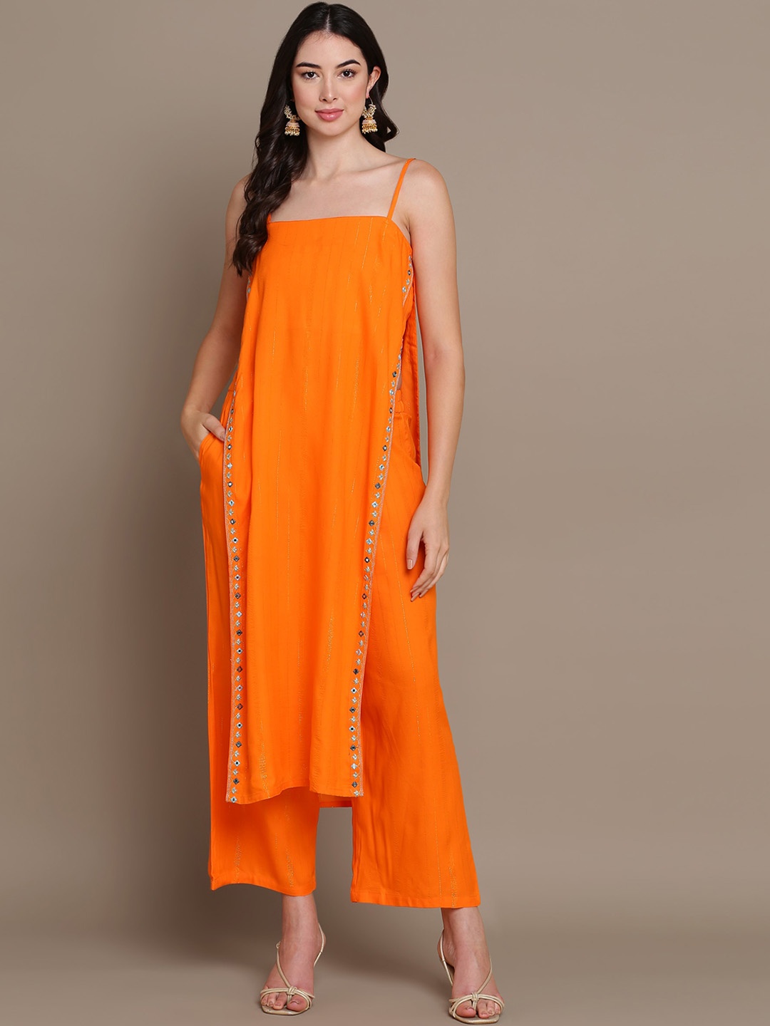 

KALINI Striped Shoulder Straps Mirror Work High Slit Straight Kurta with Palazzo, Orange