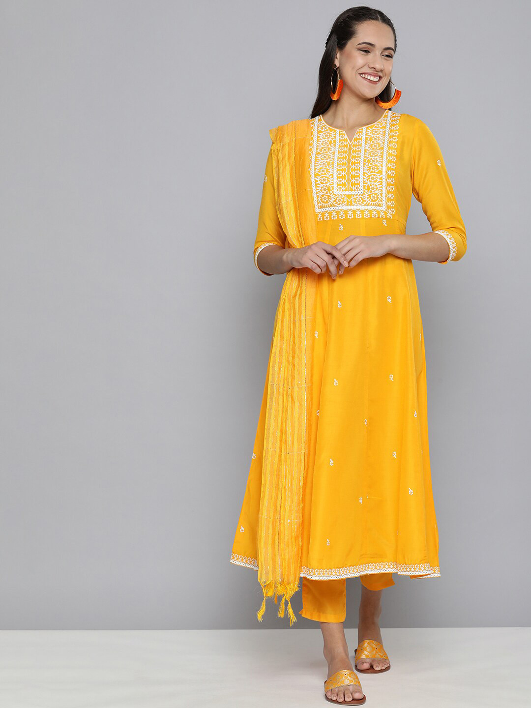 

KALINI Floral Yoke Design Sequinned Regular Kurta With Trousers & Dupatta, Yellow