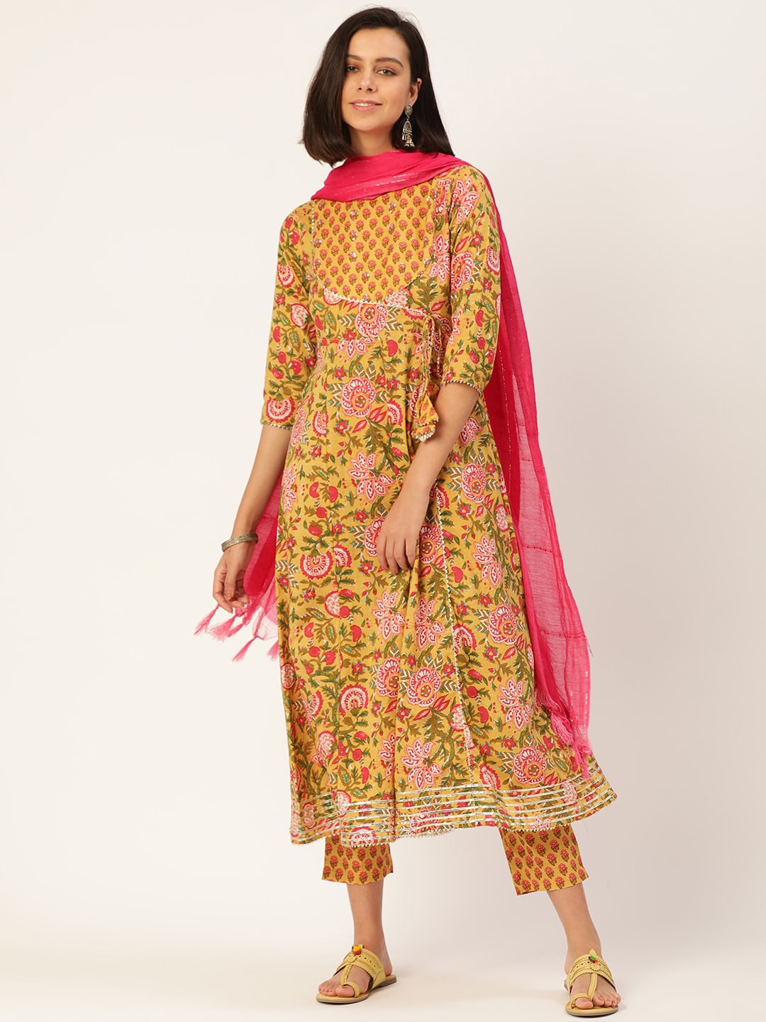 

KALINI Floral Printed Pure Cotton Anarkali Kurta With Trousers & Dupatta, Mustard