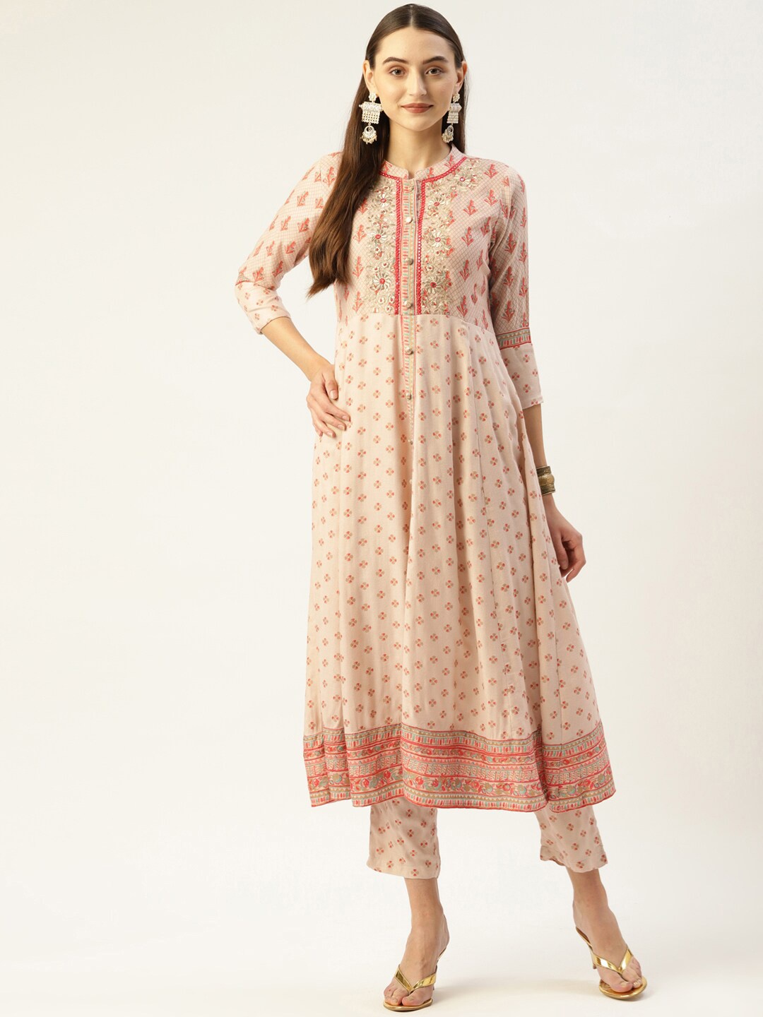

KALINI Ethnic Motifs Printed Mandarin Collar Sequinned Anarkali Kurta With Trousers, Cream