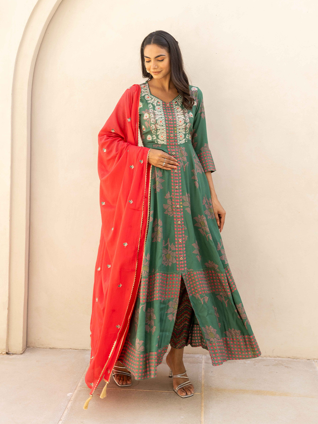 

KALINI Ethnic Motifs Printed Empire Mirror Work Kurta With Trousers & Dupatta, Green